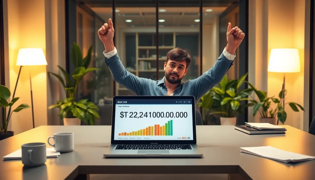 Celebration of financial success at BOX138 with a modern workspace backdrop.