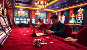 Experience the thrill of doaslot login with a vibrant online casino environment featuring plush tables and slot machines.