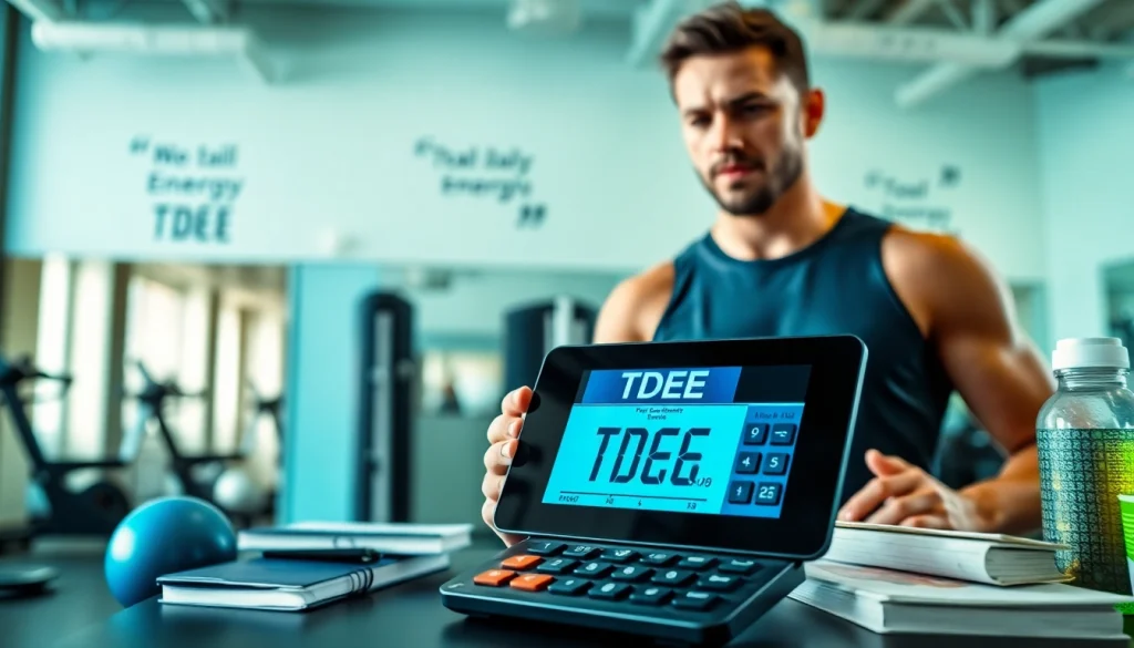 Calculate your TDEE calculator results in a modern gym environment with fitness equipment.