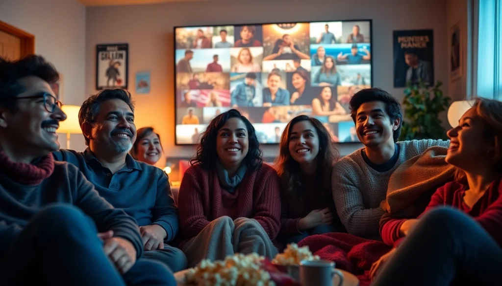 Enjoy filme online gratis with friends in a cozy living room setting.