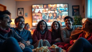 Enjoy filme online gratis with friends in a cozy living room setting.