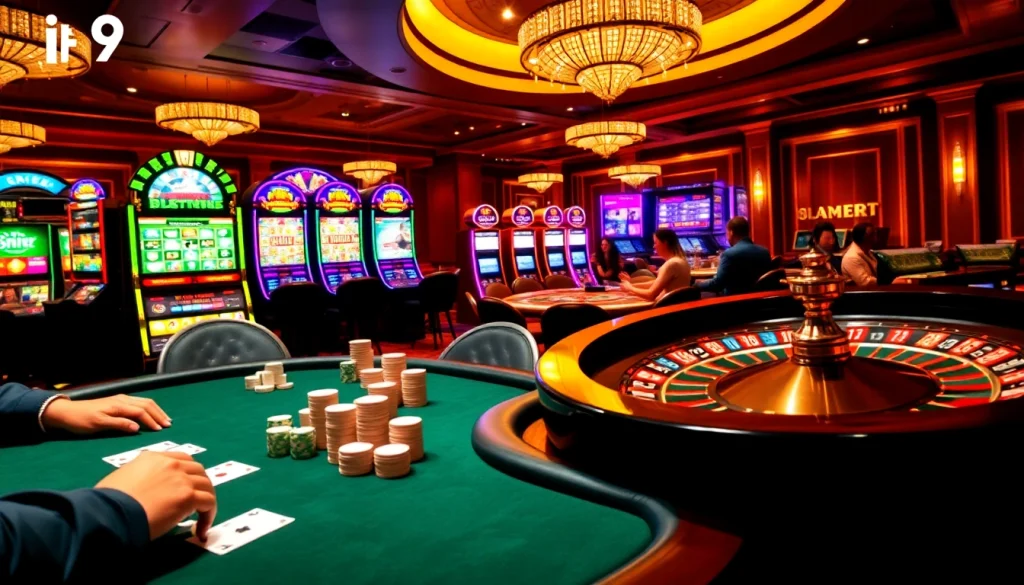 Exciting casino scene featuring i9bet poker players and vibrant slot machines.
