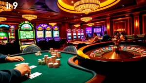 Exciting casino scene featuring i9bet poker players and vibrant slot machines.