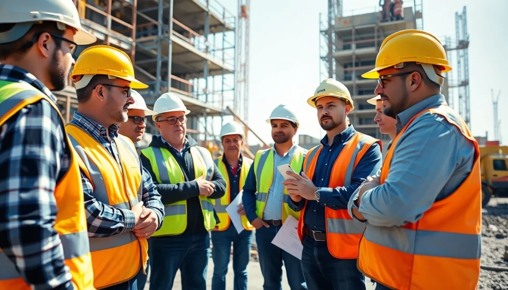 Engaged workers participating in construction safety training at a job site with clear safety equipment.