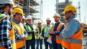 Engaged workers participating in construction safety training at a job site with clear safety equipment.