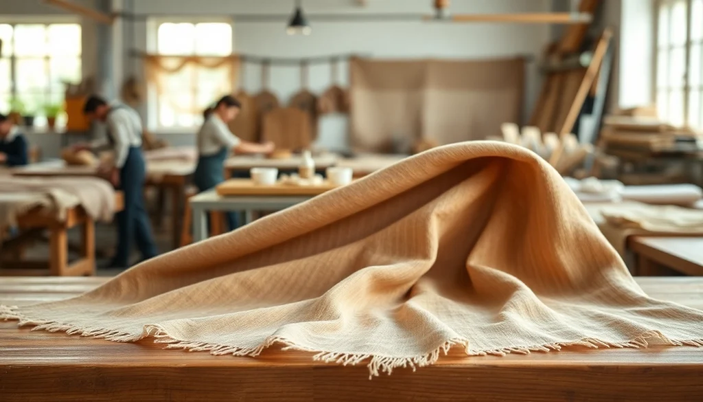 Katoen stoffen tonen in een moderne textielwerkplaats met natuurlijke verlichting.