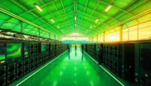 Green-powered crypto mining site showcasing advanced technology and renewable energy.