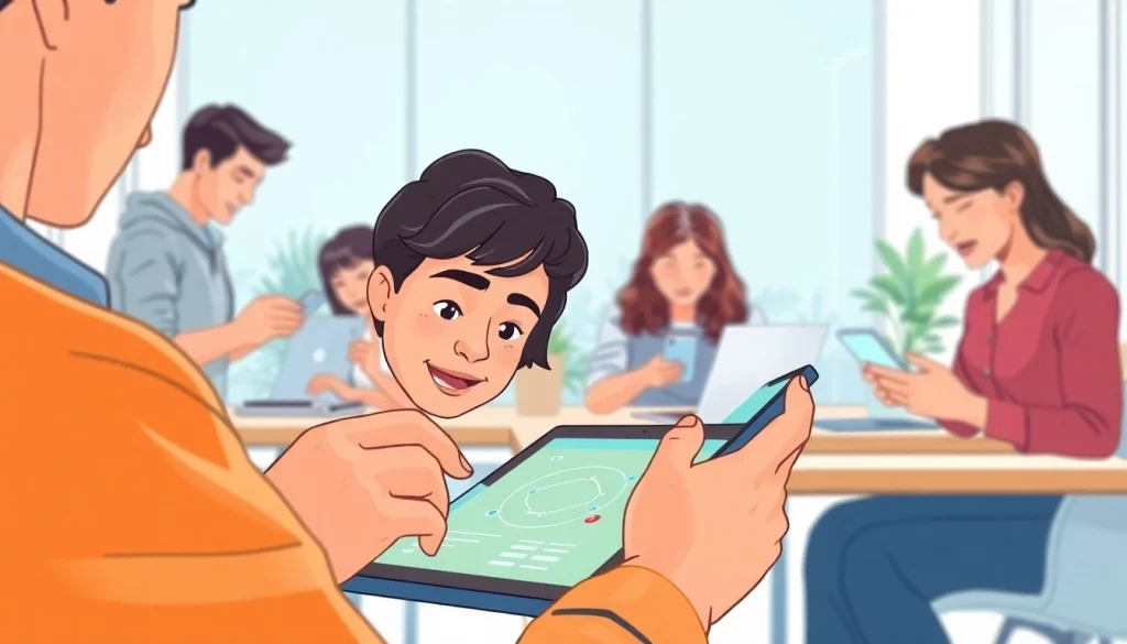 Engaging users interacting with innovative ai apps on multiple devices in a bright workspace.