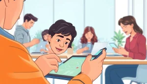 Engaging users interacting with innovative ai apps on multiple devices in a bright workspace.