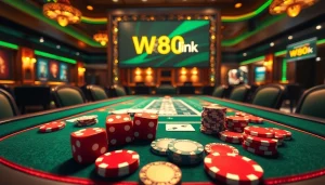 Trải nghiệm hành động cược gay cấn tại bàn poker liên kết W88 với những chiếc chip và lá bài sang trọng.