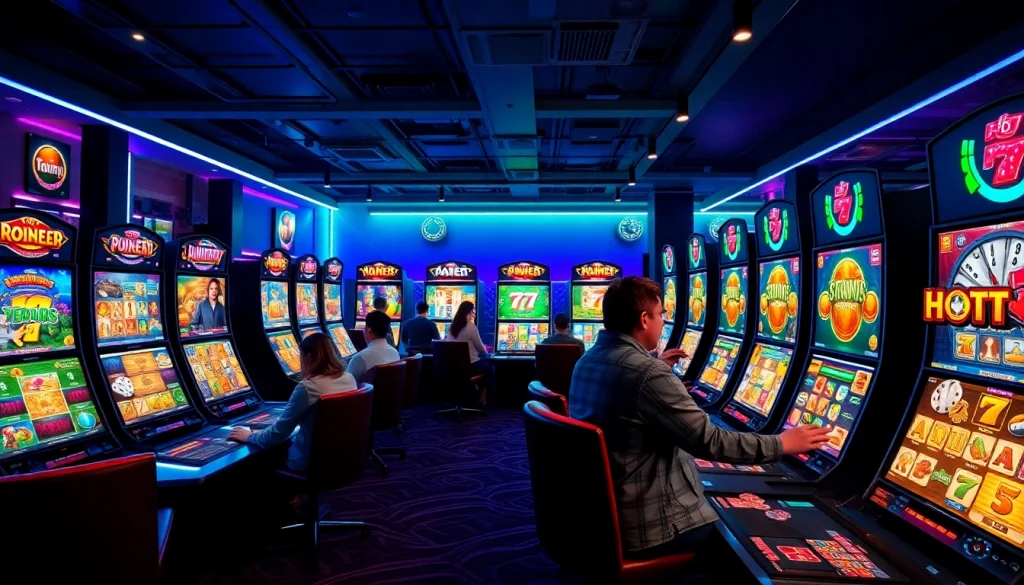 Kode4d online gaming experience with vibrant slot games and engaging players in a modern lounge.