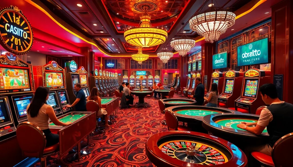 Gamblers enjoying thrilling moments at obraltoto slot machines with vibrant colors and dynamic energy.