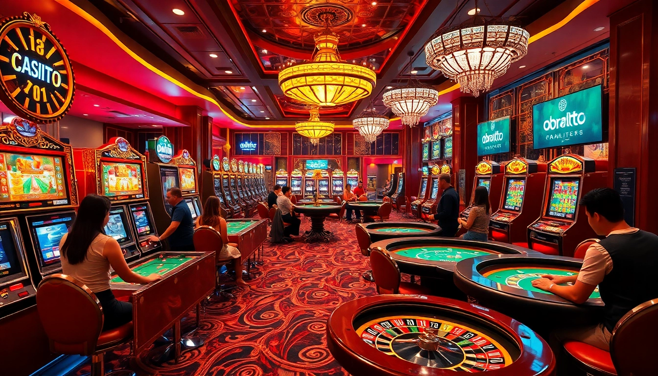 Gamblers enjoying thrilling moments at obraltoto slot machines with vibrant colors and dynamic energy.