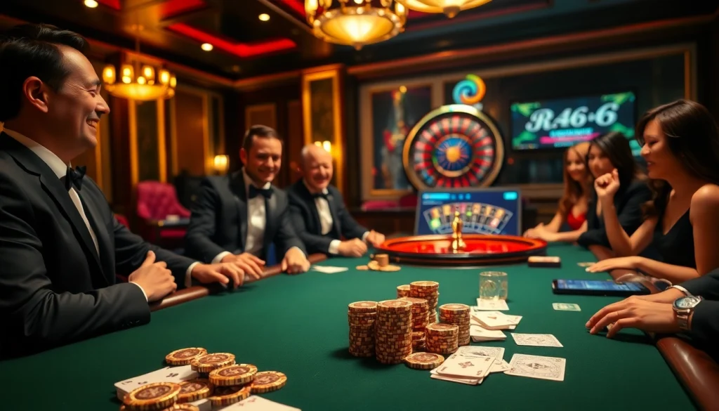 Experience high-stakes excitement at RR88, featuring a luxurious poker table and roulette wheel.