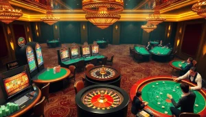 Experience the exciting gaming portfolio of พอร์ทเกม F168 with vibrant casino elements, including tables, chips, and enthusiastic players.