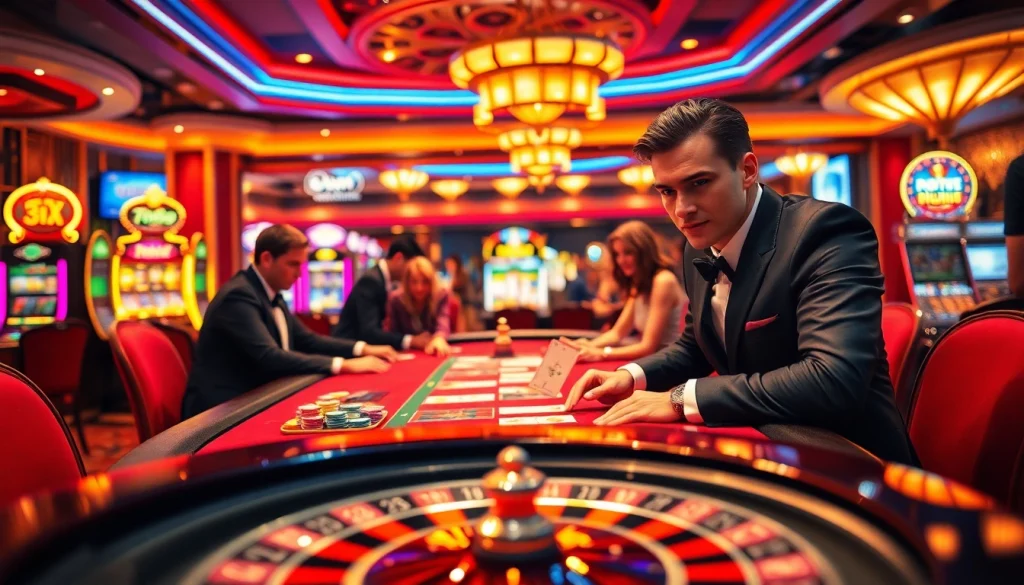 Players engaging in high-stakes poker at a casino table with elements of 7m.cn showcased in gameplay.