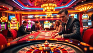 Players engaging in high-stakes poker at a casino table with elements of 7m.cn showcased in gameplay.