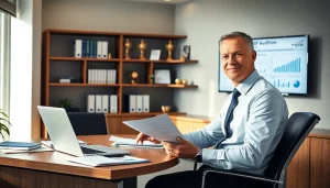 Professional SMSF auditor analyzing financial records in a modern office with spreadsheets and compliance documents.