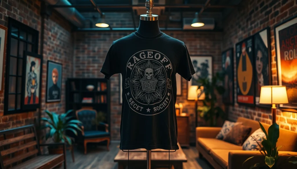RageOff Secret Society tee displayed in a stylish urban setting with a cozy atmosphere.