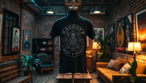 RageOff Secret Society tee displayed in a stylish urban setting with a cozy atmosphere.