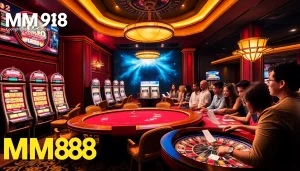 MM88 players engaging in high-stakes poker and vibrant slot machines in a luxurious casino setting.