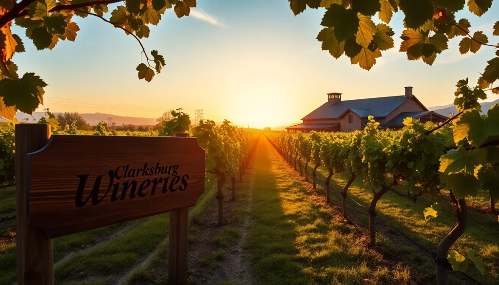 Explore Clarksburg wineries among scenic vineyards and a charming winery at sunrise.
