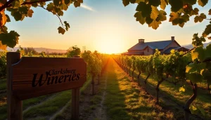 Explore Clarksburg wineries among scenic vineyards and a charming winery at sunrise.