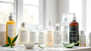 Hudvårdsprodukter för fet hy eller oljig hy på en badrumsskiva, som visar naturliga ingredienser.