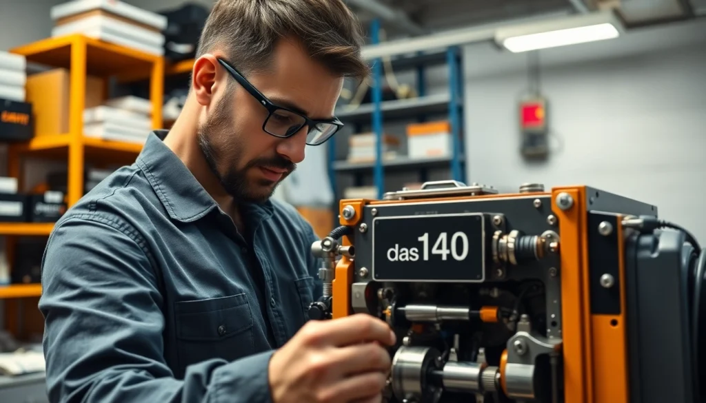 Engineer assembling intricate device 'das 140' in a modern workshop.