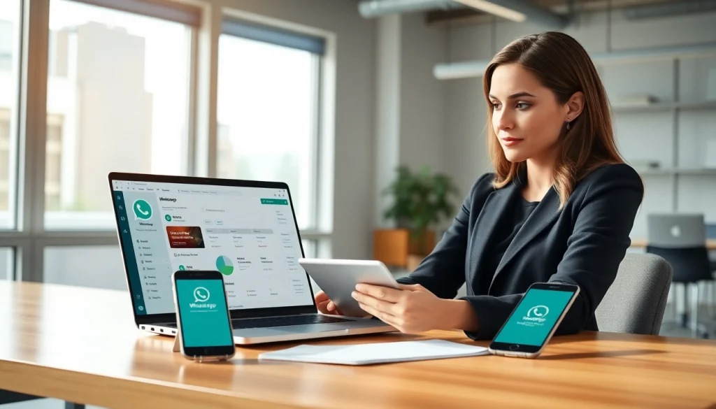 What is a CRM for WhatsApp interface showcasing a businesswoman engaging with customer data.