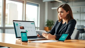 What is a CRM for WhatsApp interface showcasing a businesswoman engaging with customer data.