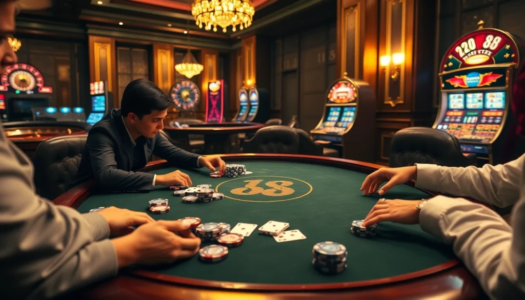 Trải nghiệm sự hồi hộp của tik 88 tại bàn poker sang trọng với các yếu tố casino sống động.