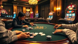 Trải nghiệm sự hồi hộp của tik 88 tại bàn poker sang trọng với các yếu tố casino sống động.