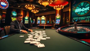 Engaged players celebrating a win at 188bet with colorful casino tables and slot machines in a luxurious setting.