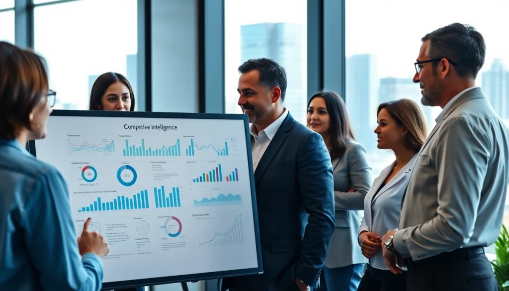 Visual representation of competitive intelligence analysis in a collaborative office environment.
