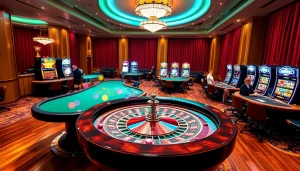 Exciting gameplay at Nhà cái MM88's casino with poker tables and slot machines.