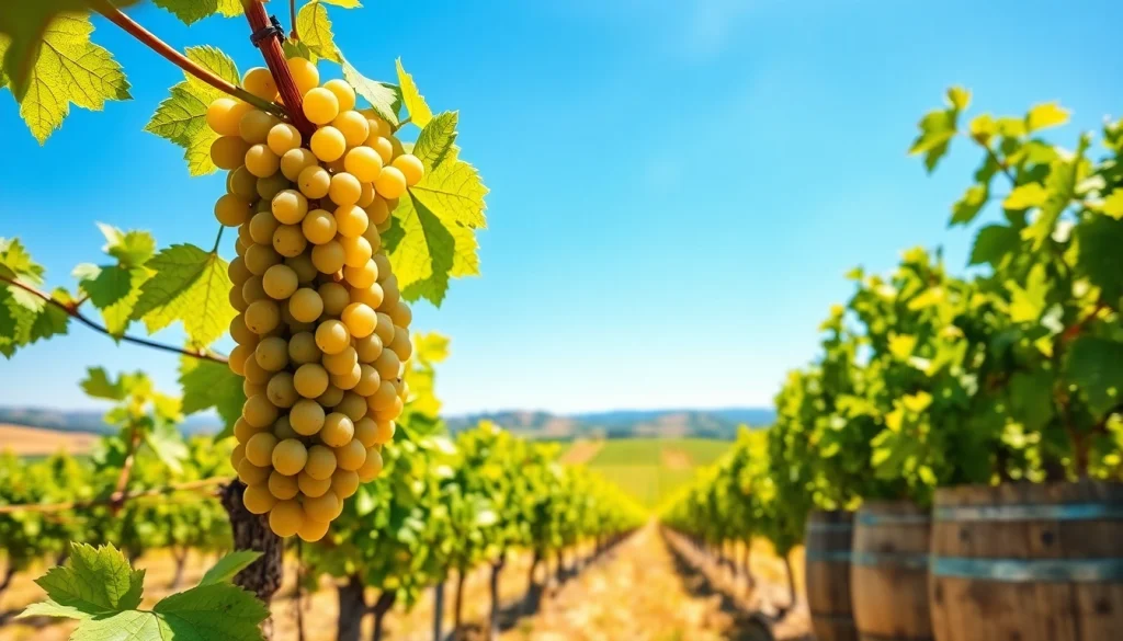 Wineries in Clarksburg showcasing lush vineyards and vibrant grapes under a sunny sky.