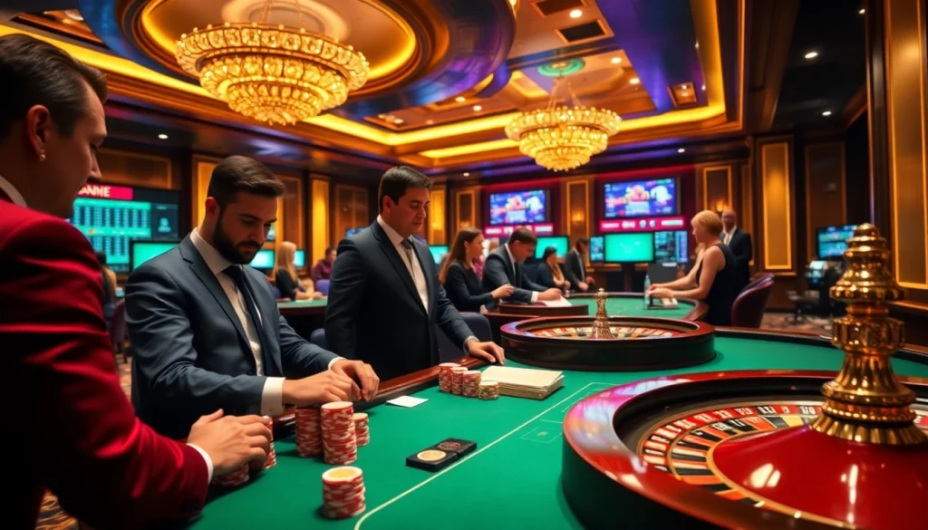 Người chơi đang tận hưởng trò poker tại casino Bet VIP với những đồng chip poker sặc sỡ và bánh xe roulette.