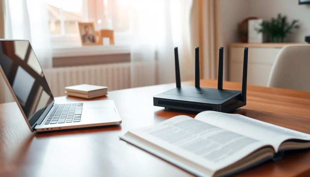 Setup of a pre configured VPN router UK in a home office with tech and books.
