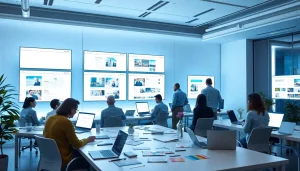 Professional workspace for thiết kế web, showcasing innovative web designs and collaboration.