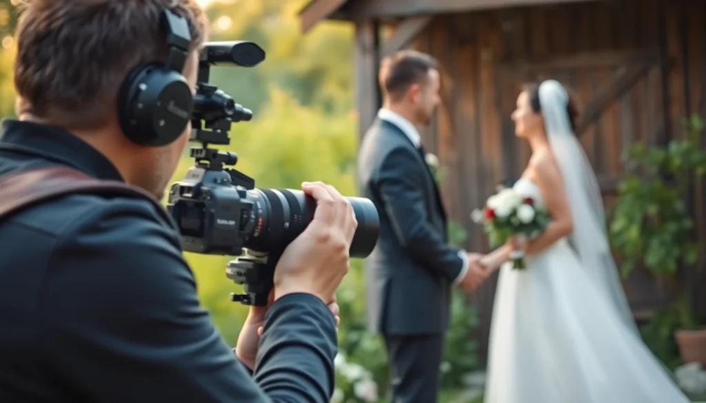Videographer documenting a wedding ceremony in a lush outdoor setting.