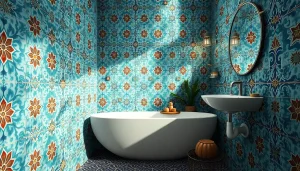 Carreaux Zellige présentés dans une salle de bains moderne, mettant en valeur des motifs et textures vibrants qui rehaussent le design contemporain.