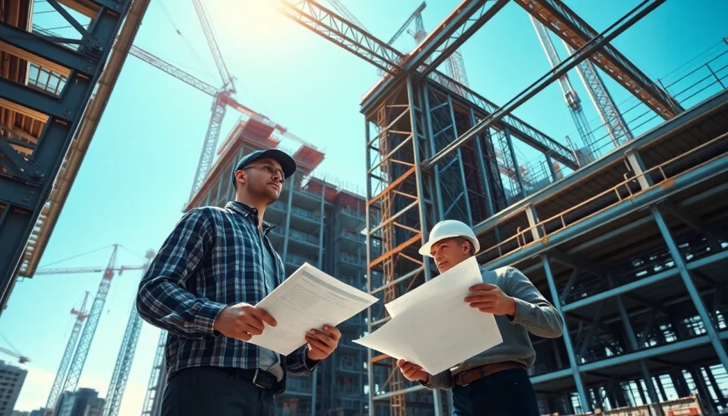 Visual representation of a structural steel construction project with engineers collaborating.