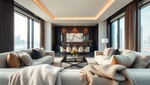 Stylish interior design Dubai apartment showcasing modern luxury with plush seating and skyline views.