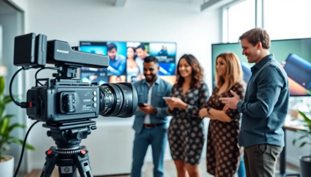 Engaging corporate video production teamwork featured in a modern office setting.