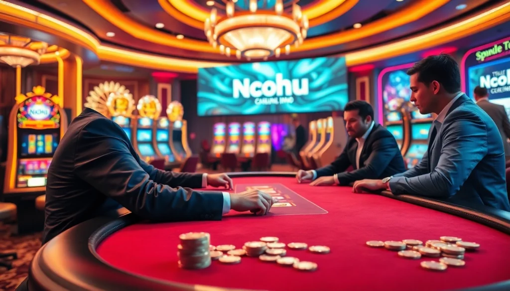 Nohu poker action at a luxurious casino table with professional players engaged in intense gameplay.