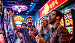 Merayakan kemenangan dalam slot depo 1k dengan semangat di dalam ruang permainan modern.