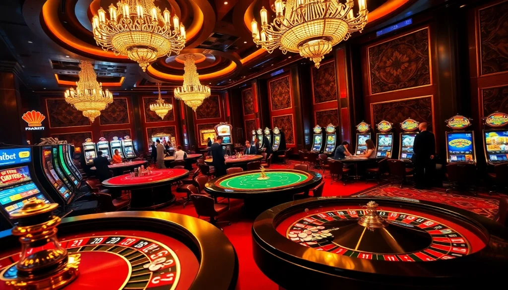 Engaging scene showcasing Link F8BET at a lavish casino with tables, chips, and excitement.