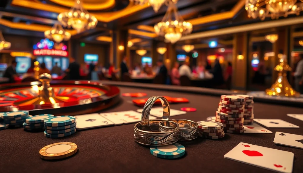 Elegant 18K white gold wedding rings depicted amidst a vibrant casino scene filled with poker chips and roulette wheels.