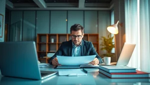 Professional translator focusing on beëdigde vertaling in a modern office for accurate document translations.